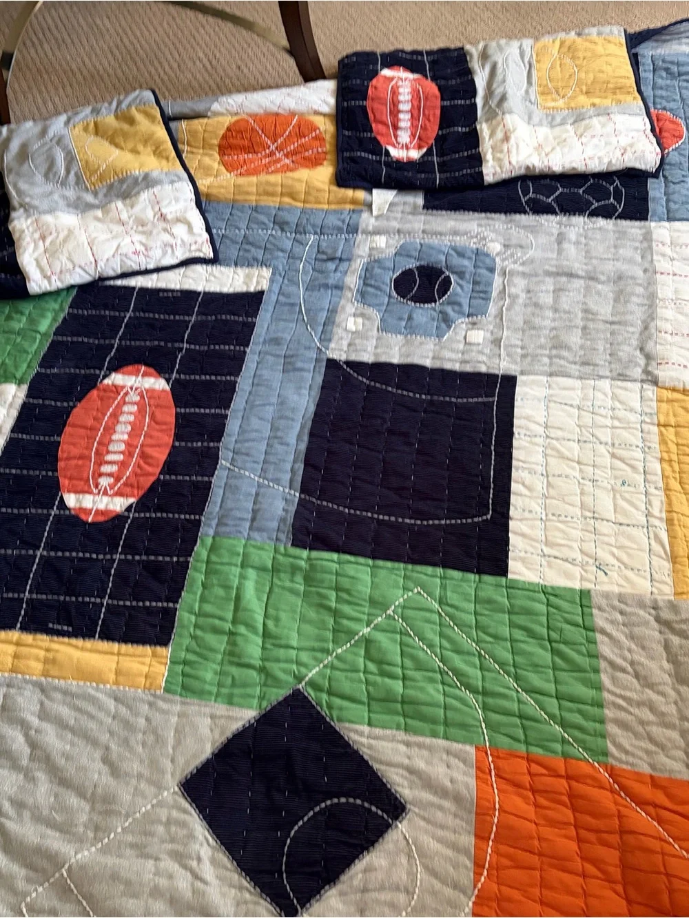 Pottery Barn Kids Navy Blue, Green, Orange, Yellow Sports Patchwork Quilt